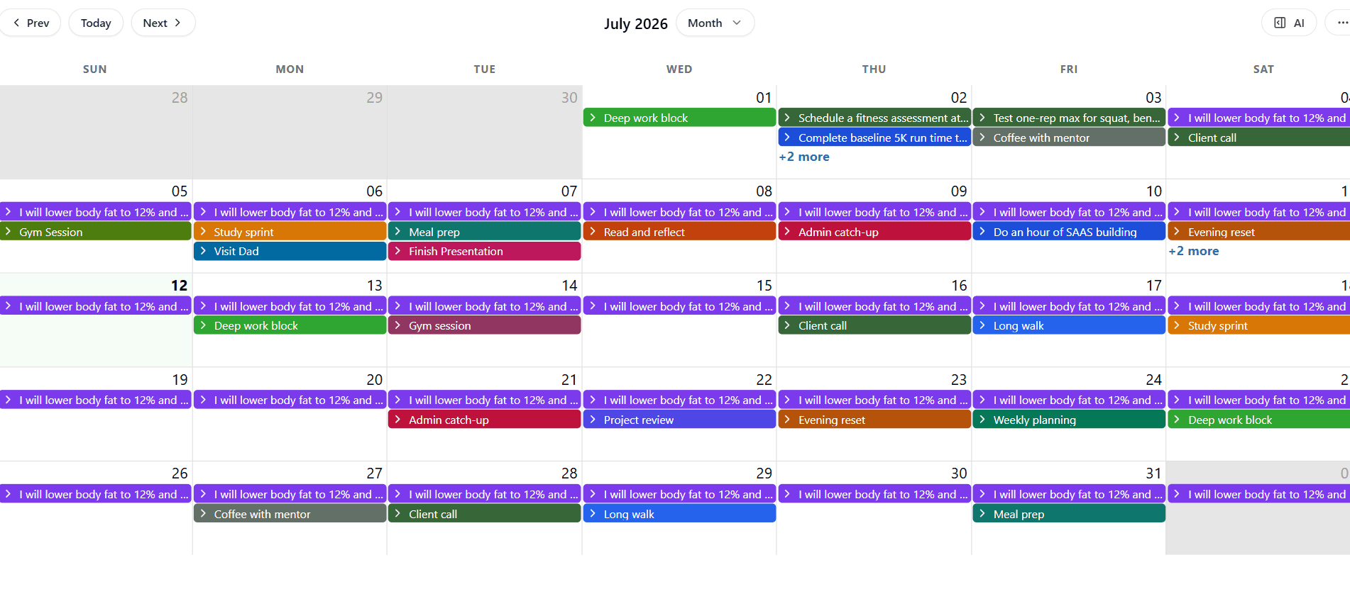 Calendar month view with colored events