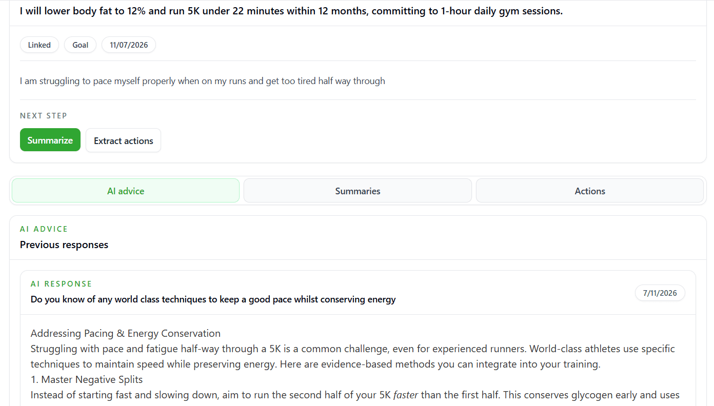 Daily actions and AI advice view