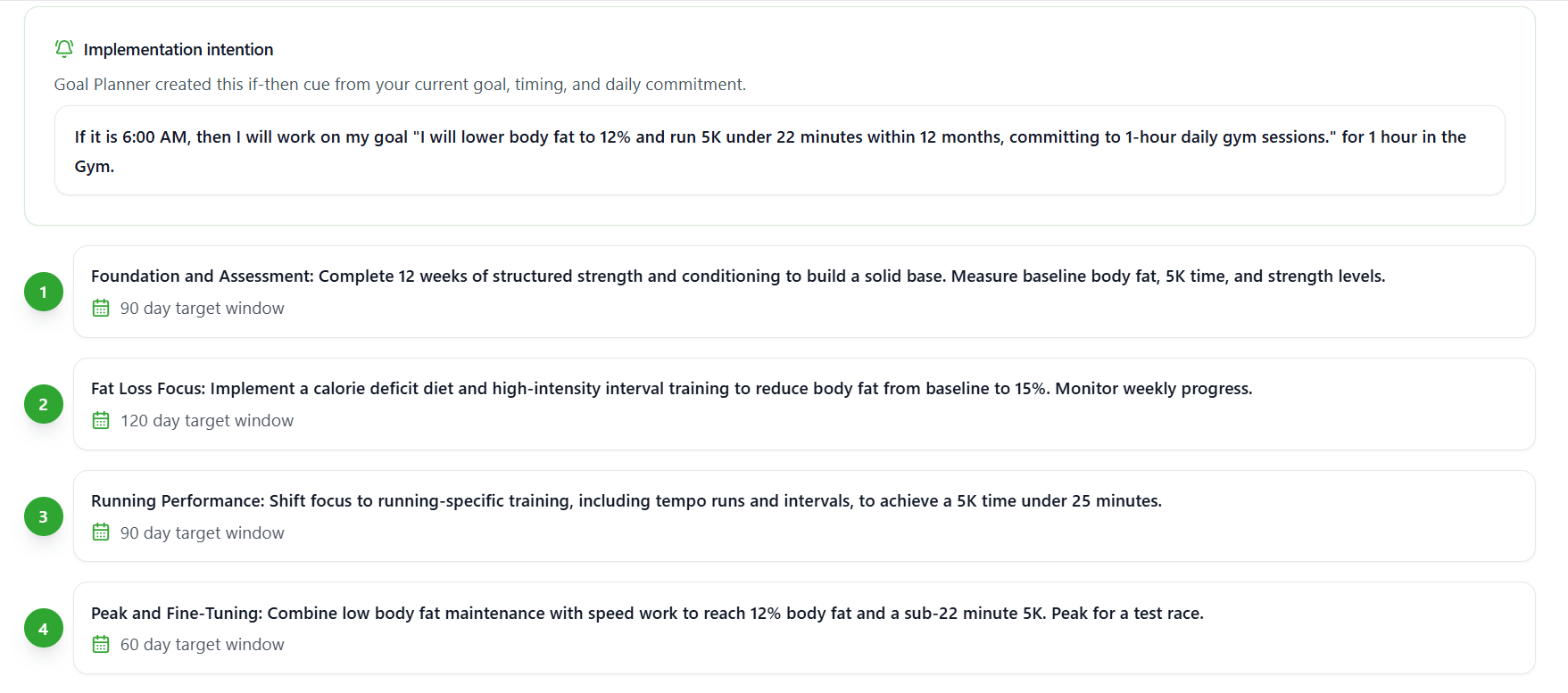 Goal planner view showing implementation intention and created steps